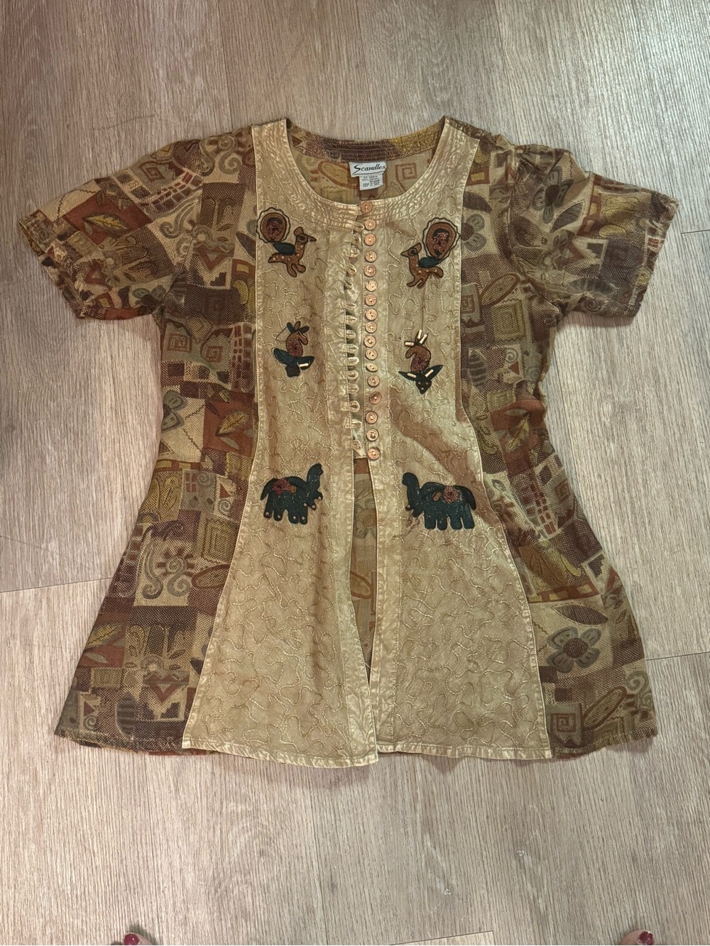 Vintage Scandles Brown Patchwork Embroidered Elephant Boho Blouse Top